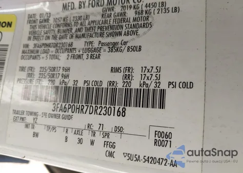 2013 Ford Fusion Se z USA, uszkodzony, nr VIN 3FA6P0HR7DR230168